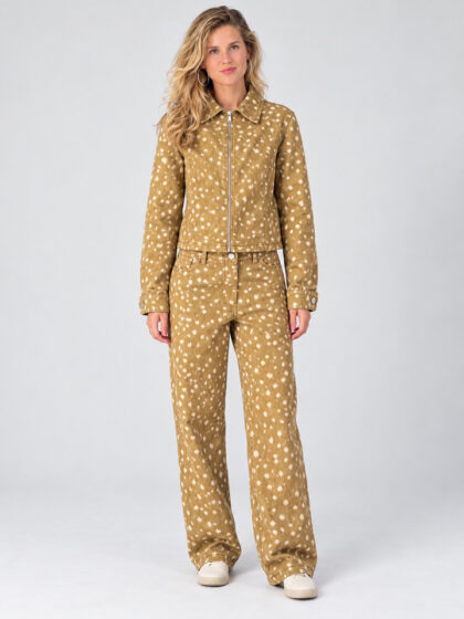 Women simple spotted zip jacket and long pants set casual two piece outfit