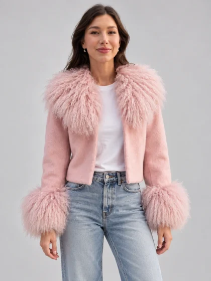 Women pink lapel fuzzy long fur cuff cropped jacket sweet chic short outerwear