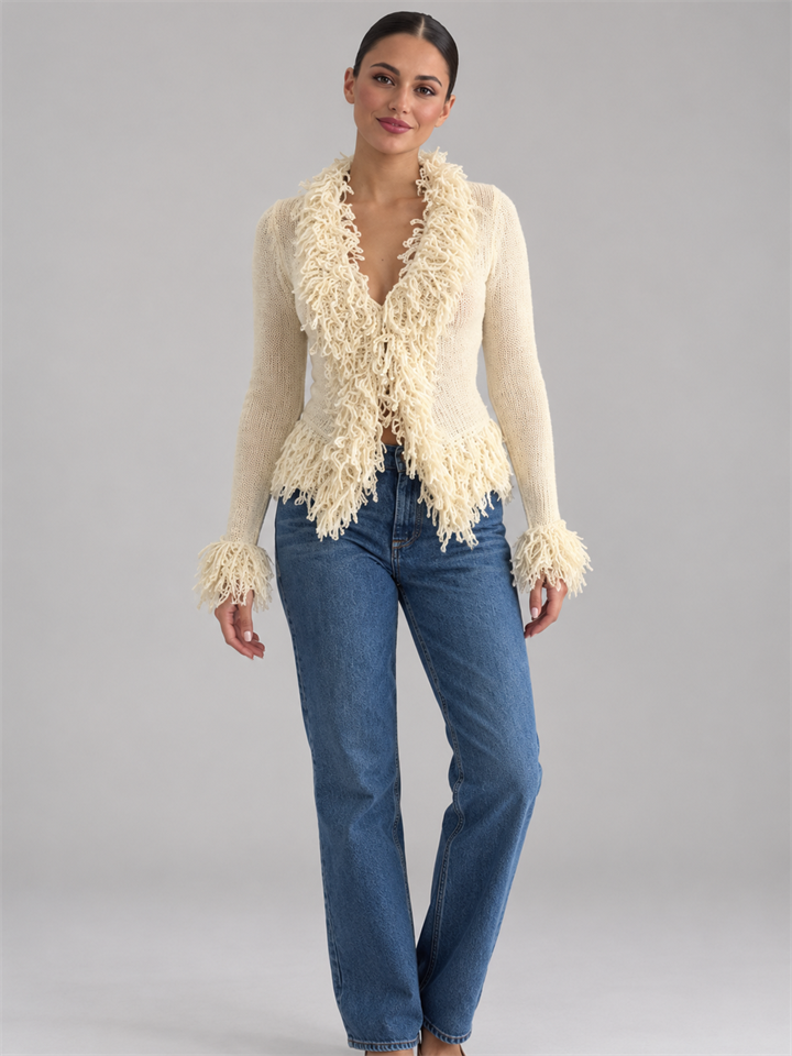 Women v neck hook and eye fringe knit cardigan feminine knit outerwear