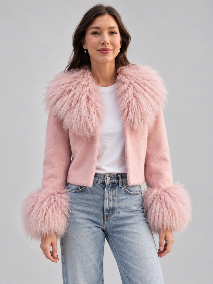 Women pink lapel fuzzy long fur cuff cropped jacket sweet chic short outerwear