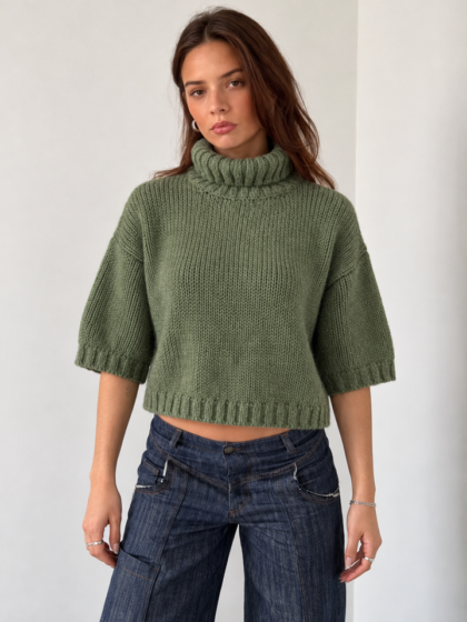 Women turtleneck mid-sleeve chunky knit sweater casual knit top