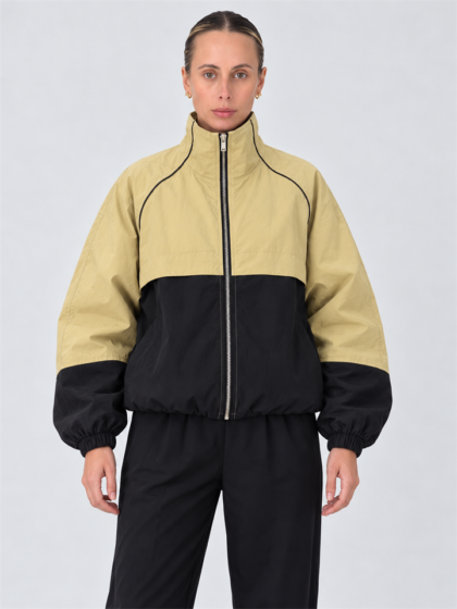 Women vintage color block drawstring hem drop shoulder jacket sporty outerwear