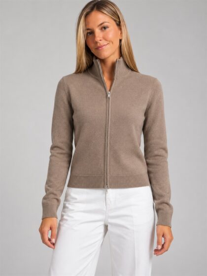 Women stand collar full zip ribbed knit cardigan casual knit outerwear