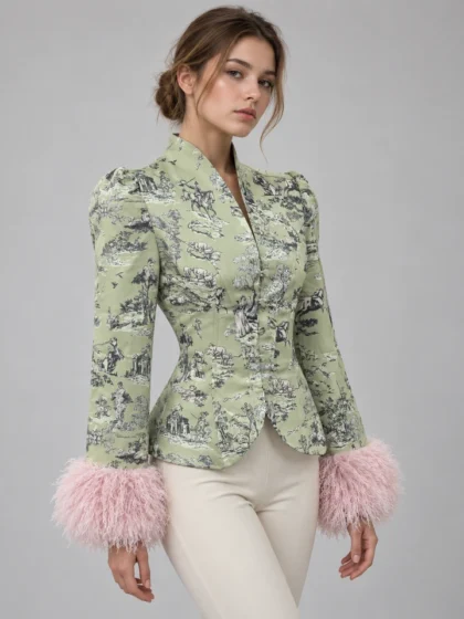 Women light green v-neck waist cinched coat with pink fur cuffs elegant fitted outerwear