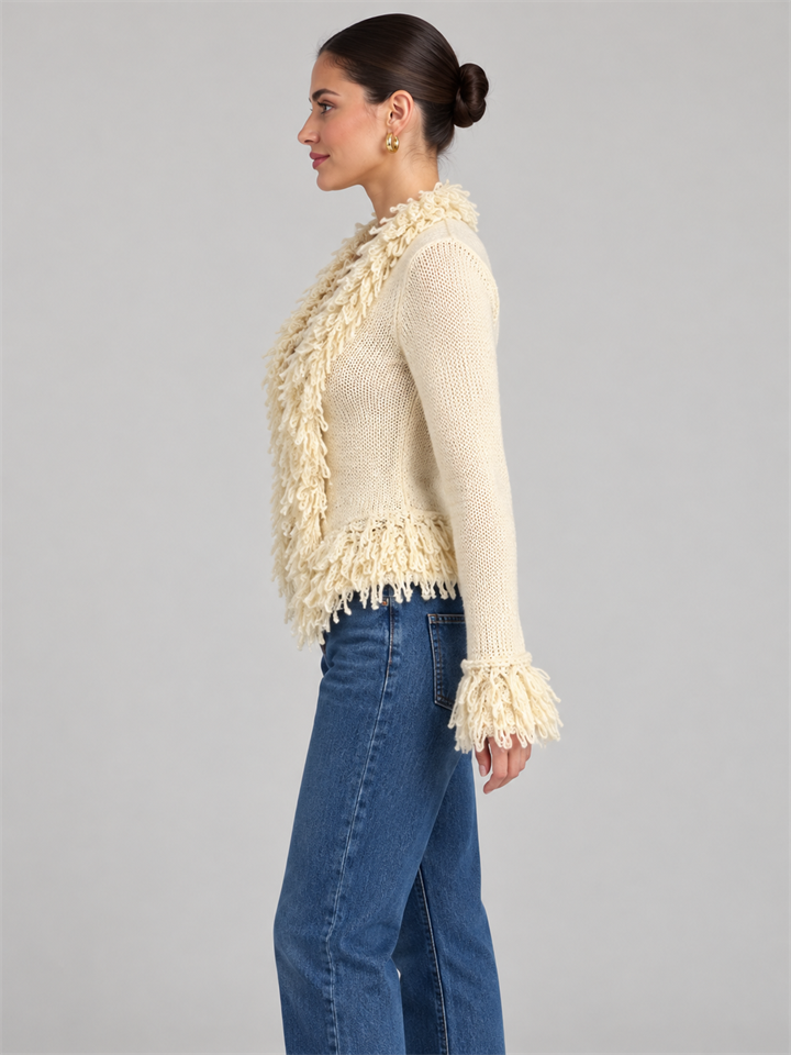 Elegant fringe knit cardigan with front hook-and-eye closure for women