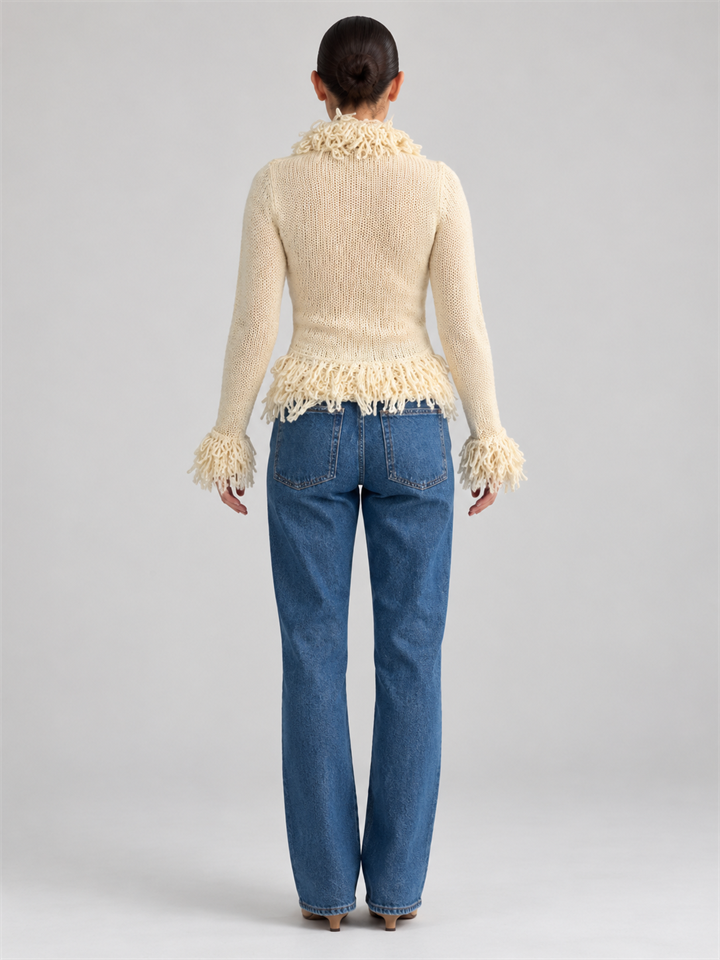 Elegant fringe knit cardigan with front hook-and-eye closure for women