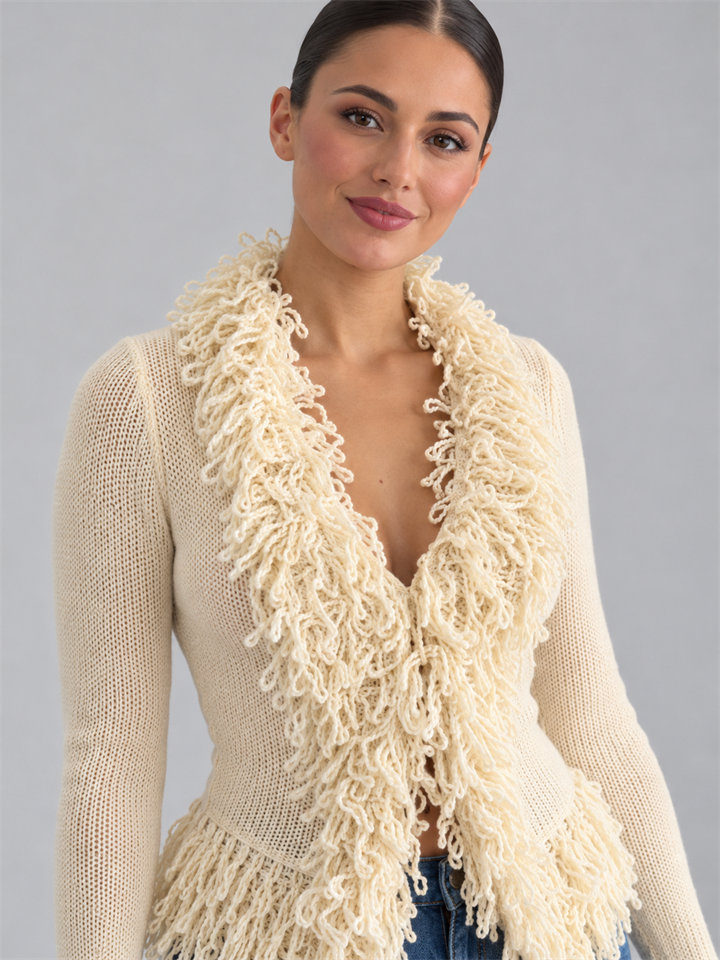 Elegant fringe knit cardigan with front hook-and-eye closure for women
