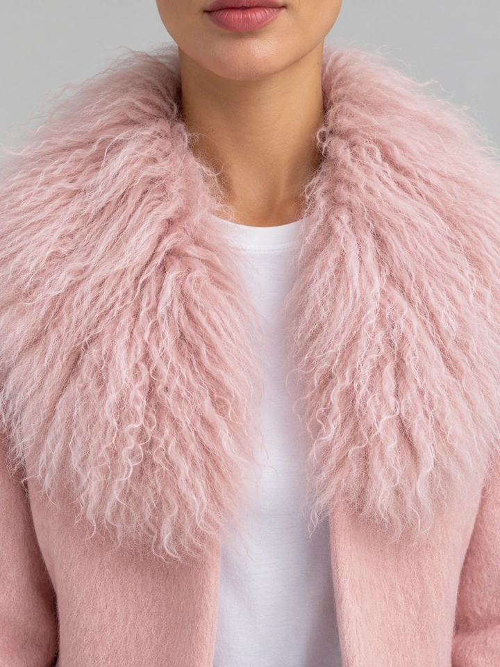 Sweet pink cropped jacket with lapel and fluffy long fur cuffs for women