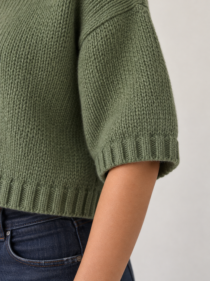 Textured chunky knit turtleneck sweater with mid sleeves for women