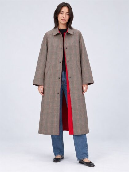 Women lapel snap button reversible coat plaid solid two-sided outerwear