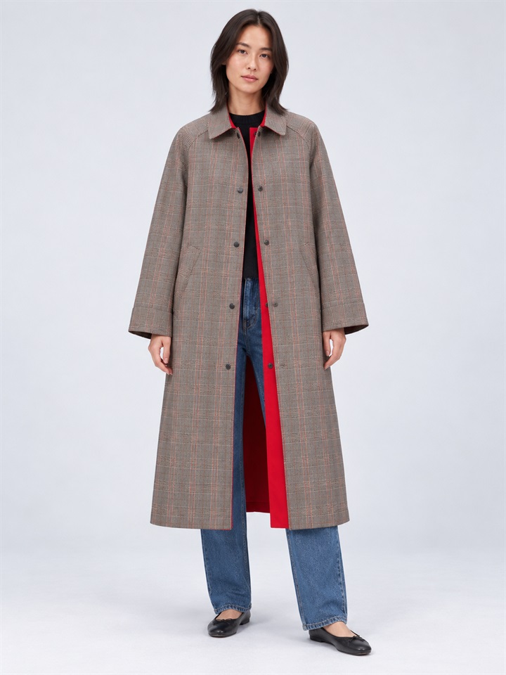 Women lapel snap button reversible coat plaid solid two-sided outerwear