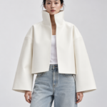 Stand Collar Asymmetrical Cropped PU Leather Jacket with Wide Flared Sleeves