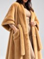 Women long warm tie waist three-quarter sleeve faux fur coat, plush elegant winter outerwear