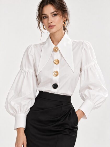Women Victorian Puff Sleeve Blouse | Pearl & Metal Button Elegant Top
