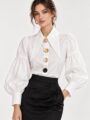 Women Victorian Puff Sleeve Blouse | Pearl & Metal Button Elegant Top