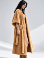Women long warm tie waist three-quarter sleeve faux fur coat, plush elegant winter outerwear