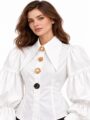 Women Victorian Puff Sleeve Blouse | Pearl & Metal Button Elegant Top