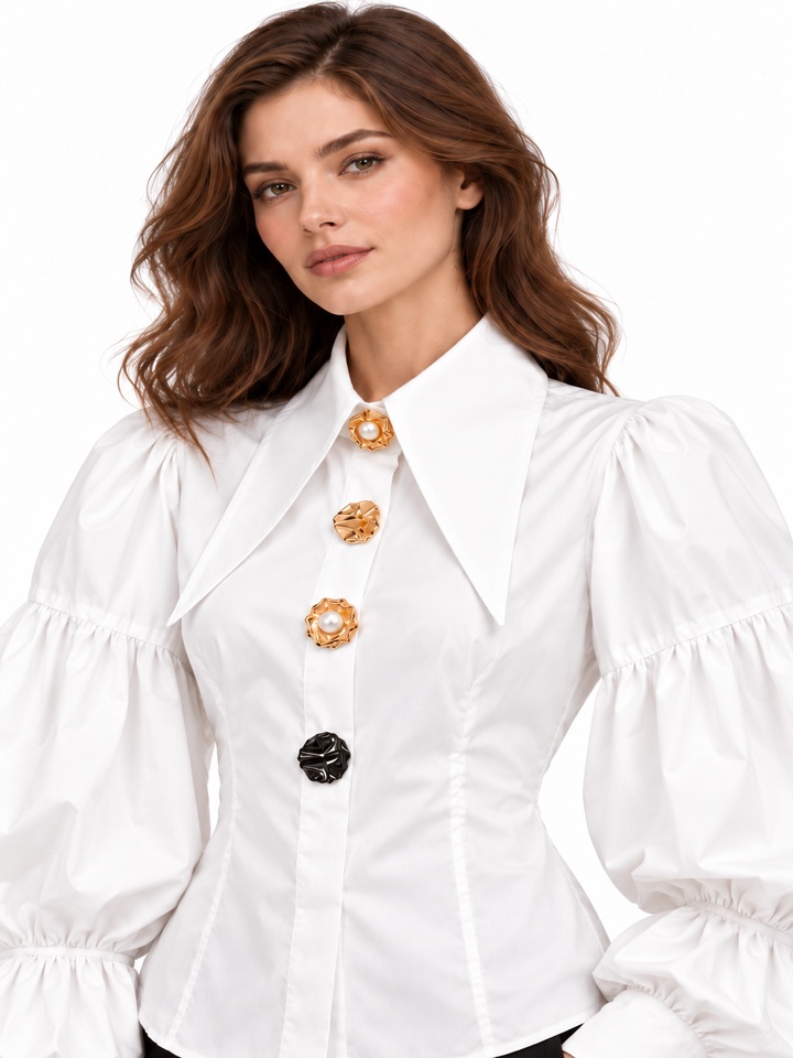 下载 (1) Women Victorian Puff Sleeve Blouse | Pearl & Metal Button Elegant Top