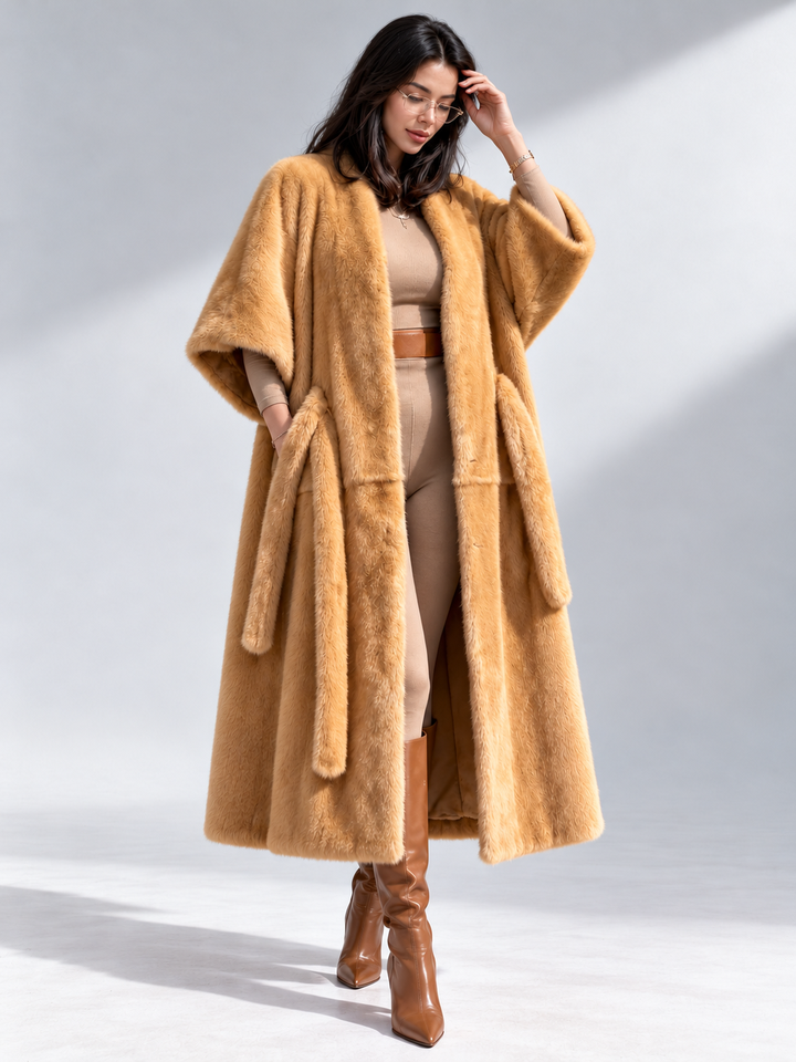 Women long warm tie waist three-quarter sleeve faux fur coat, plush elegant winter outerwear