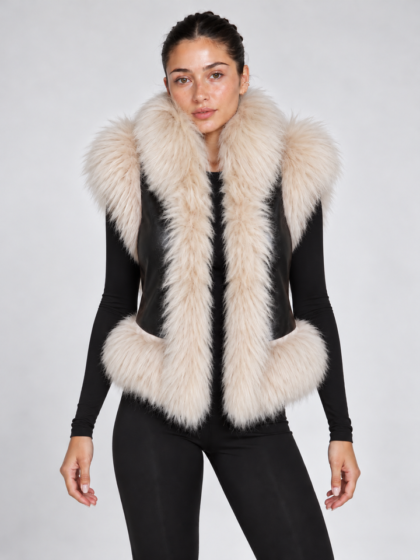 Women faux leather waistcoat with oversized fluffy faux fur trim sleeveless vest