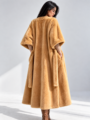 Women long warm tie waist three-quarter sleeve faux fur coat, plush elegant winter outerwear