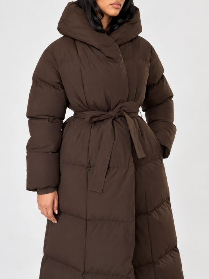 Women hooded belted long padded coat