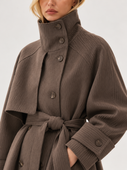 Close-up of vertical stripe fabric and self tie belt on long trench coat
