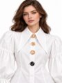 Women Victorian Puff Sleeve Blouse | Pearl & Metal Button Elegant Top