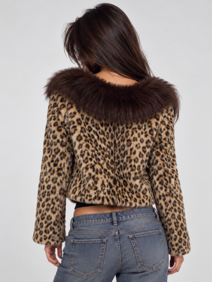 Women asymmetrical faux fur collar leopard print fashion jacket