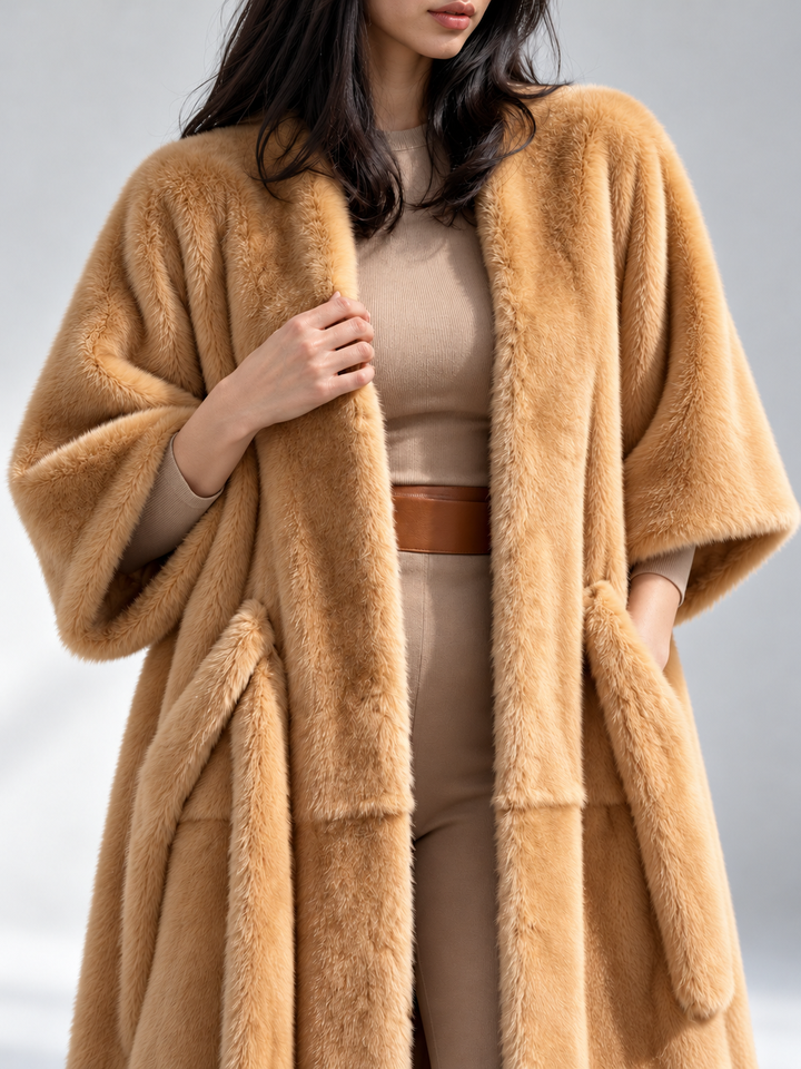 下载 (3) Women long warm tie waist three-quarter sleeve faux fur coat, plush elegant winter outerwear