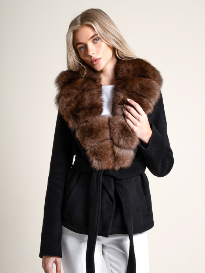 Women lapel wool faux fur coat, elegant warm winter outerwear