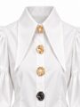 Women Victorian Puff Sleeve Blouse | Pearl & Metal Button Elegant Top