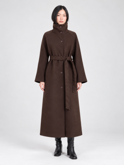 Women high neck soft fabric tie waist coat belted winter outerwear