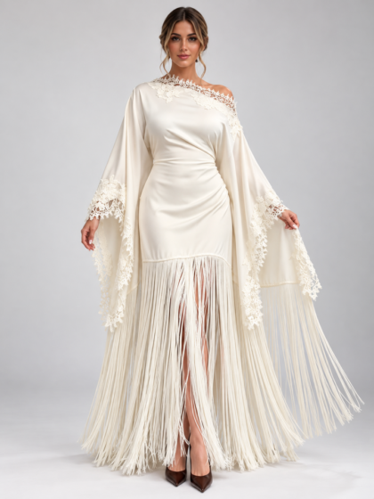 Women lace fringe dress elegant lace trim party dress