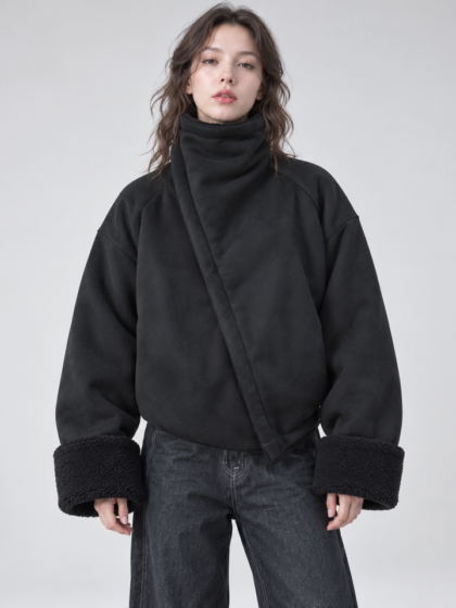 Women asymmetrical zip stand collar thick warm winter jacket