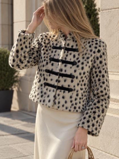 Women light leopard print minimalist concealed button jacket, casual fashion outerwear