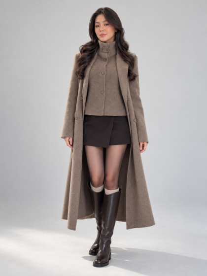 Cropped stand collar vest & long double breasted wool coat set, elegant women 2-piece winter outfit