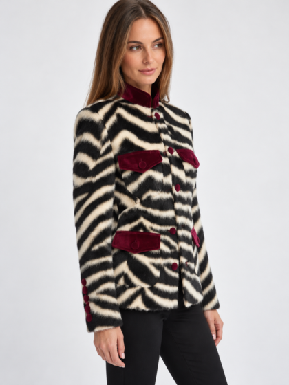 Women burgundy velvet color block stand collar waist cinched vintage fuzzy coat