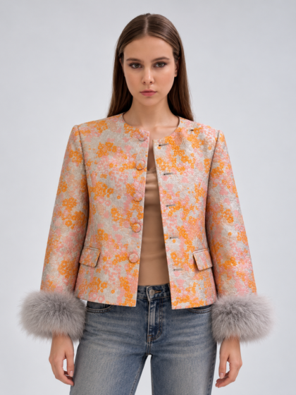 Women fashion jacket with faux fur collar and cuff trim