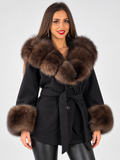 Women hooded faux fur wool blend warm coat jacket