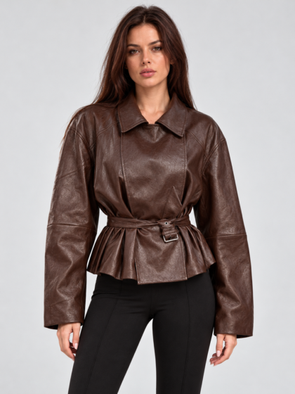 Women tie waist leather jacket belted faux leather outerwear